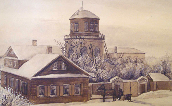 Первая астрономическая обсерватория Московского университета, размещенная в деревянной башне, специально сооруженной на крыше главного университетского здания на Моховой  в 1804 году